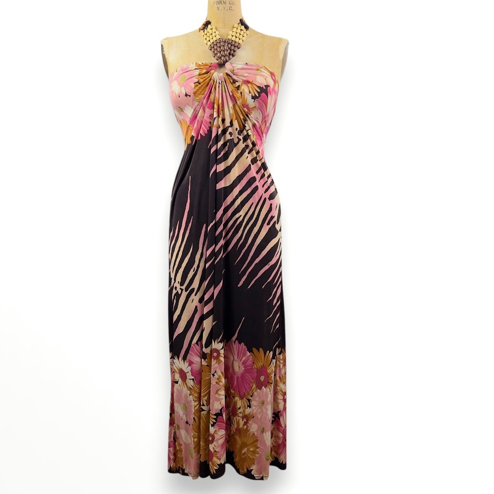 Y2K Beaded Halter Maxi Dress Zebra Floral Wood Beads Tropical Boho 2000's Size L